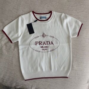 Prada White Knit Short Sleeve Top with Burgundy Logo Trim
